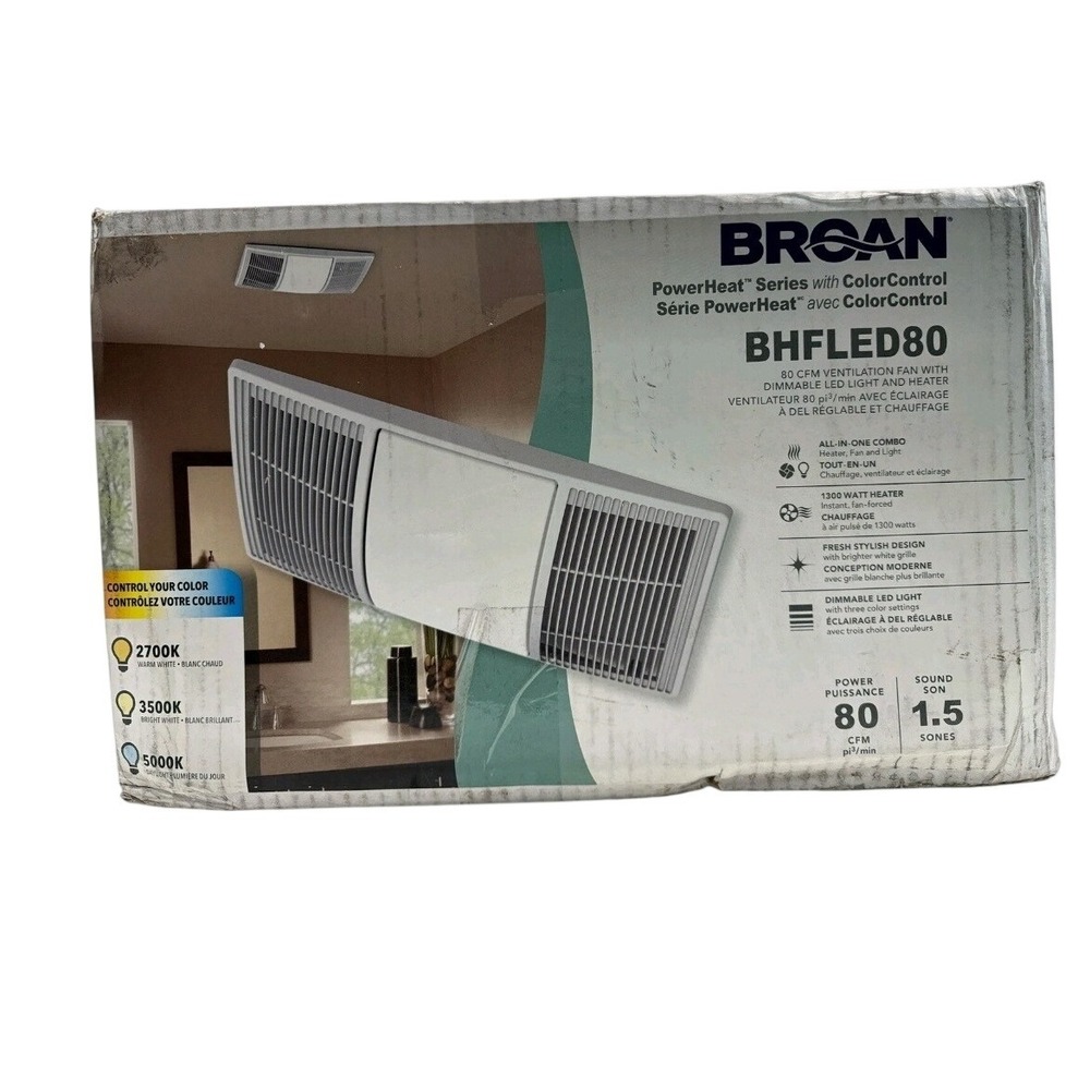 Broan PowerHeat BHFLED80 80 CFM Bathroom Fan Heater Dimmable LED Light White